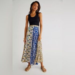 Free People Floral Patchwork Maxi Skirt - Blue, Cream, Yellow